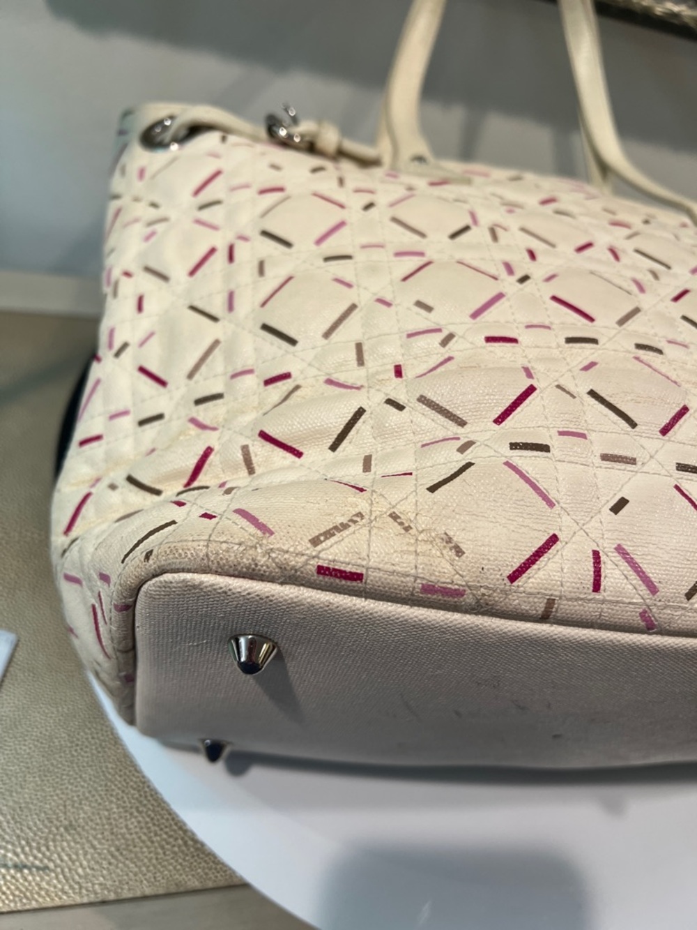Dior Panarea Cannage Tote Bag Cream and Pink Patterned Tote - needs cleaning - Picture 7 of 11